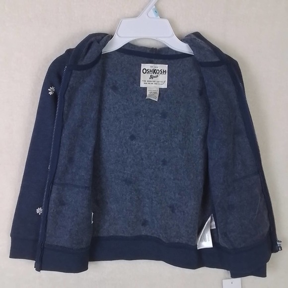 Oshkosh Full Zip‎ Fleece Hoodie Girl's Size 5T in Denim Blue w/ White Daisies - Picture 3 of 13